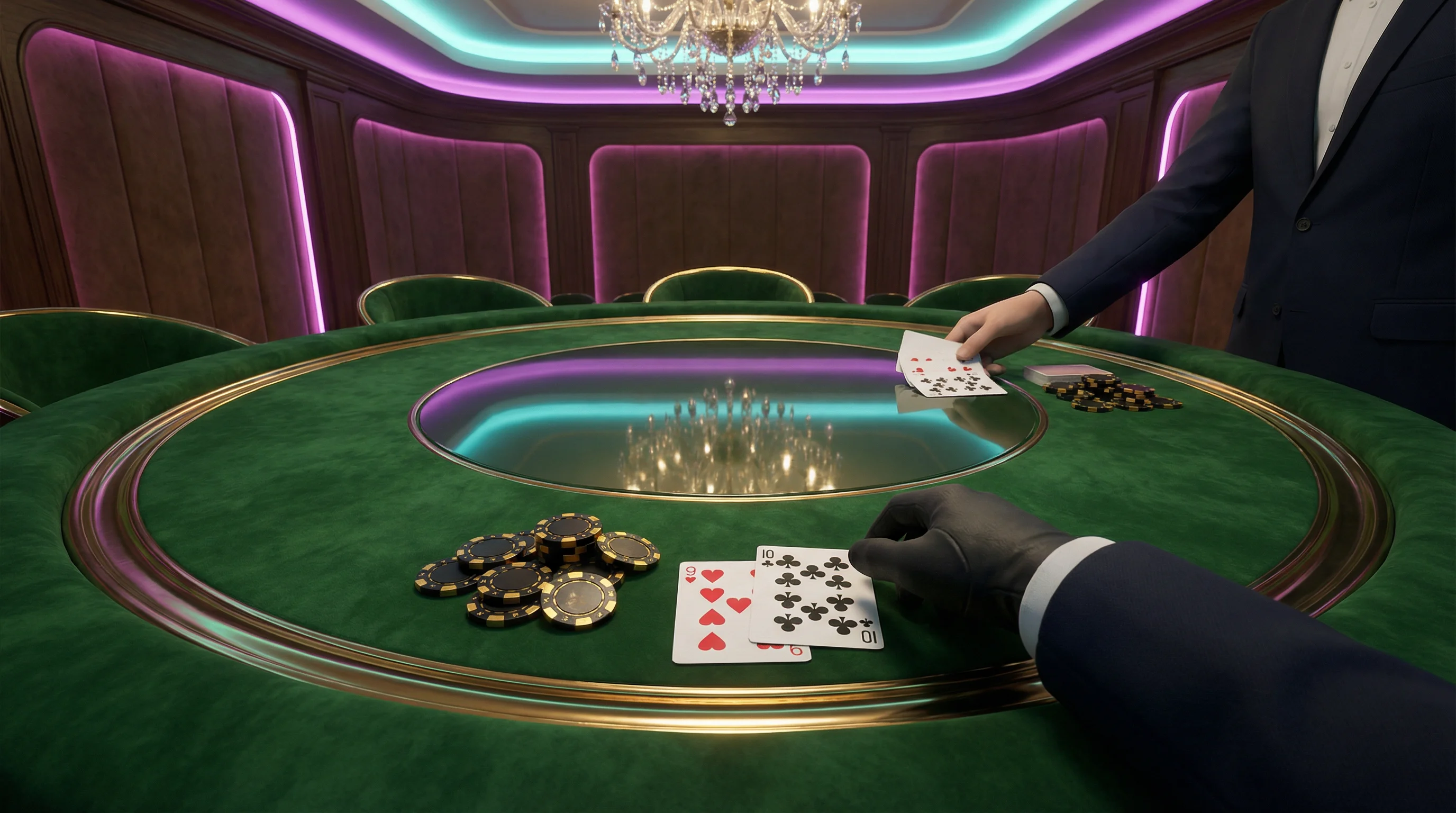 Mesa de bacará en casino con cartas y fichas de apuesta